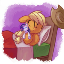 Size: 2000x2000 | Tagged: safe, artist:verulence, applejack, rarity, earth pony, pony, unicorn, bed, eyes closed, implied lesbian, implied rarijack, implied shipping, plushie, sleeping, smiling, solo, style emulation