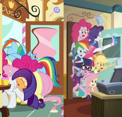 Size: 752x720 | Tagged: safe, derpibooru import, screencap, applejack, fluttershy, pinkie pie, rainbow dash, rarity, sci-twi, twilight sparkle, pony, better together, equestria girls, schedule swap, school daze, celestia's office, comparison, cropped, door, humane five, humane six, stuck, sugarcube corner