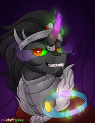 Size: 1000x1297 | Tagged: safe, artist:redchetgreen, derpibooru import, king sombra, pony, unicorn, crown, curved horn, fangs, grin, jewelry, looking at you, male, regalia, smiling, solo, sombra eyes, stallion