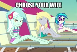 Size: 600x405 | Tagged: safe, edit, edited edit, edited screencap, screencap, derpy hooves, dj pon-3, lyra heartstrings, vinyl scratch, equestria girls, spring breakdown, caption, choose your wife, image macro, text