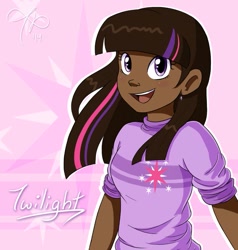 Size: 871x916 | Tagged: safe, artist:rainmaker113, derpibooru import, twilight sparkle, human, blushing, cute, dark skin, humanized, looking at you, natural hair color, open mouth, pretty, smiling, solo