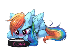 Size: 1622x1151 | Tagged: safe, alternate version, artist:confetticakez, derpibooru import, rainbow dash, cat pony, original species, pegasus, pony, behaving like a cat, blushing, cute, dashabetes, drinking, female, lapping, lying down, mare, milk, pet, pet play, pony pet, sfw edit, simple background, solo, tongue out, tsundere, white background