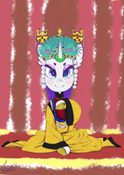 Size: 2893x4092 | Tagged: safe, artist:helloiamyourfriend, rarity, dragon, pony, unicorn, absurd resolution, chinese, clothes, colored sketch, crown, dress, history, hoofguard, horn ring, jewelry, ming dynasty, rarity wears human jewelry, regalia, solo