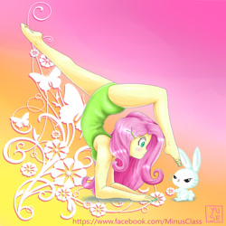 Size: 1024x1024 | Tagged: safe, artist:minusclass, angel bunny, fluttershy, equestria girls, armpits, backbend, barefoot, blushing, contortionist, dance party, feet, flexible, gymnastics, leotard, nail polish, solo