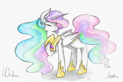 Size: 6000x4000 | Tagged: safe, artist:wintaura, princess celestia, alicorn, pony, absurd resolution, colored sketch, digital art, ear fluff, eyes closed, jewelry, raised hoof, regalia, simple background, sketch, smiling, solo, sparkles, sparkly mane, traditional art, watercolor painting, white background