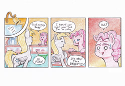 Size: 990x676 | Tagged: safe, artist:lost marbles, derpy hooves, pinkie pie, earth pony, pegasus, pony, comic:derpy - stripper extraordinaire, colored pencil drawing, comic, comic strip, dialogue, duo, female, mare, speech bubble, sugarcube corner, sweat, sweatdrop, traditional art, we don't normally wear clothes