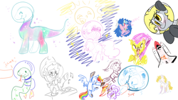 Size: 1920x1080 | Tagged: safe, artist:cutepencilcase, artist:fluffyxai, artist:jennithedragon, applejack, cozy glow, derpy hooves, dinky hooves, pinkie pie, rainbow dash, oc, earth pony, pegasus, pony, snake, unicorn, drawpile disasters, mlpds, ponyfest 3, running, running in place, scared, snow, snowball, space, space shuttle
