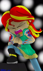 Size: 1200x1952 | Tagged: safe, artist:reedahmad, sunset shimmer, equestria girls, angry, boots, chester bennington, clothes, eyes closed, female, linkin park, metal, microphone, open mouth, screaming, shoes, singing, solo, tattoo, yelling