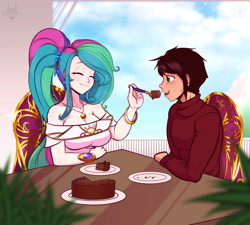 Size: 1600x1442 | Tagged: dead source, safe, artist:scorpdk, princess celestia, oc, oc:claymore, human, alternate hairstyle, breasts, cake, canon x oc, claylestia, cleavage, clothes, cute, cutelestia, eating, eyes closed, feeding, female, food, humanized, humanized oc, jewelry, necklace, open mouth, ponytail, princess breastia, shipping, smiling, sweatdrop, sweater