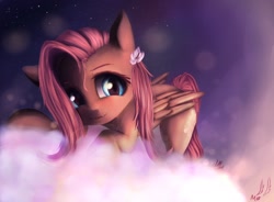 Size: 1900x1400 | Tagged: safe, artist:miokomata, fluttershy, pegasus, pony, fangs, flower in hair, looking at you, smiling, solo