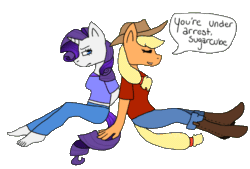 Size: 732x496 | Tagged: safe, artist:skyfaii, applejack, rarity, anthro, plantigrade anthro, angry, arrested, barefoot, belly button, boots, duo, feet, hand, hands behind back, midriff, smiling