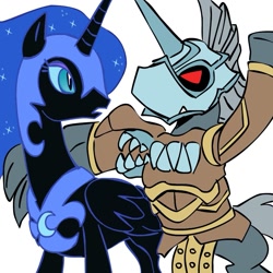 Size: 945x945 | Tagged: safe, artist:megasweet, nightmare moon, alicorn, pony, crossover, duo, female, mare, nightmare, simple background, soul calibur, white background