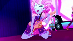 Size: 848x480 | Tagged: safe, screencap, kiwi lollipop, pinkie pie, sunset shimmer, better together, equestria girls, sunset's backstage pass!, concert, drum kit, drums, electric guitar, feet, guitar, k-lo, musical instrument, power slide, sandals, toes