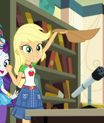 Size: 910x1079 | Tagged: safe, derpibooru import, screencap, applejack, rainbow dash, rarity, better together, equestria girls, schedule swap, applejack's hat, celestia's office, clothes, cowboy hat, cropped, female, geode of super strength, hat, magical geodes, microphone, offscreen character, smiling, stetson