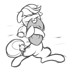 Size: 507x518 | Tagged: safe, artist:mostazathy, applejack, earth pony, pony, cuddling, grayscale, hat, monochrome, snuggling, solo