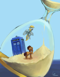 Size: 1306x1689 | Tagged: safe, artist:cyonixcymatro, derpy hooves, doctor whooves, earth pony, pegasus, pony, atg 2020, doctor who, duo, hourglass, newbie artist training grounds, surreal, tardis