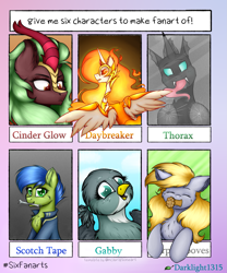 Size: 1785x2144 | Tagged: safe, artist:darklight1315, cinder glow, daybreaker, derpy hooves, ditzy doo, gabby, summer flare, thorax, oc, oc:scotch tape, alicorn, changeling, earth pony, griffon, kirin, pegasus, pony, armor, food, glass, mouth hold, muffin, six fanarts, wing armor, wrench