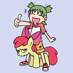 Size: 945x945 | Tagged: safe, artist:megasweet, apple bloom, earth pony, human, pony, annoyed, crossover, duo, female, filly, happy, koiwai yotsuba, simple background, thumbs up, yotsuba