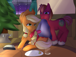 Size: 1200x900 | Tagged: safe, artist:wolfbaloo, apple bloom, applejack, big macintosh, earth pony, pony, apple siblings, blanket, christmas tree, male, prone, sleeping, snuggling, stallion, tree