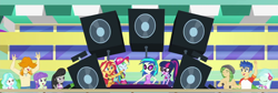 Size: 1280x430 | Tagged: safe, screencap, dj pon-3, flash sentry, lyra heartstrings, octavia melody, paisley, rainbow dash, sandalwood, sci-twi, starlight, sunset shimmer, twilight sparkle, valhallen, vinyl scratch, better together, equestria girls, i'm on a yacht, background human, clothes, cropped, female, glasses, male, partial nudity, ponytail, swimsuit, topless
