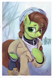 Size: 1000x1460 | Tagged: safe, artist:drafthoof, oc, oc only, oc:oil drop, pony, choker, clothes, collar, jacket, looking at you, stockings, thigh highs