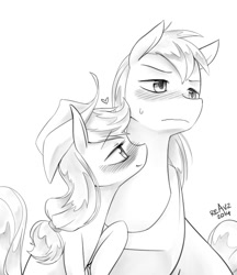 Size: 800x926 | Tagged: safe, artist:reavz, applejack, big macintosh, earth pony, pony, applemac, blushing, grayscale, incest, male, monochrome, one sided shipping, shipping, smiling, stallion, straight, sweat, sweatdrop