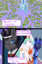 Size: 5184x7776 | Tagged: safe, artist:jeyjeymohr, derpibooru import, king sombra, princess celestia, princess luna, alicorn, pony, unicorn, comic:crownless, absurd resolution, comic, crystal empire, ethereal mane, galaxy mane