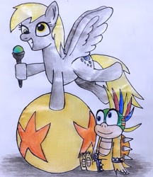 Size: 1855x2145 | Tagged: safe, artist:melisareb, derpy hooves, pegasus, pony, ball, crossover, cute, derp, derpabetes, female, koopa, lemmy koopa, male, mare, nintendo, not shipping, smiling, super mario bros., traditional art, wand, wings