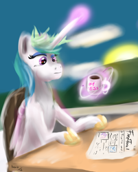 Size: 1430x1777 | Tagged: safe, artist:hippik, princess celestia, alicorn, pony, chair, cloud, coffee, desk, morning, newspaper, signature, sitting, solo, sun