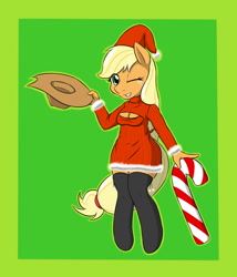 Size: 1200x1400 | Tagged: safe, artist:sewlde, applejack, anthro, candy cane, clothes, hat, keyhole turtleneck, open-chest sweater, santa costume, santa hat, socks, solo, sweater, turtleneck, wink