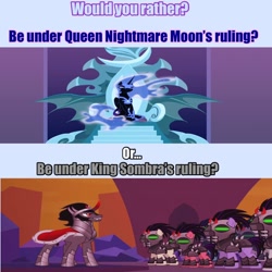 Size: 1024x1024 | Tagged: safe, derpibooru import, edit, edited screencap, screencap, king sombra, nightmare moon, pony, unicorn, the cutie re-mark, alternate timeline, alternate universe, crystal war timeline, mind control, nightmare takeover timeline, sombra soldier, would you rather