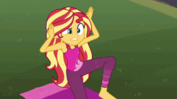 Size: 800x450 | Tagged: safe, artist:m48patton, sunset shimmer, better together, choose your own ending, equestria girls, wake up!, wake up!: rainbow dash, animated, barefoot, clothes, feet, pants, solo, the undulating parakeet, yoga, yoga mat, yoga pants