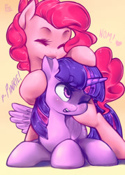 Size: 679x950 | Tagged: safe, artist:phurie edits, derpibooru import, edit, pinkie pie, twilight sparkle, twilight sparkle (alicorn), alicorn, earth pony, pony, bipedal, blushing, cute, diapinkes, ear bite, eyes closed, female, heart, lesbian, mare, nom, open mouth, prone, shipping, smiling, twinkie, wink