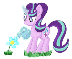 Size: 1574x1302 | Tagged: safe, artist:notadeliciouspotato, starlight glimmer, pony, unicorn, atg 2020, female, flower, grass, magic, mare, newbie artist training grounds, simple background, smiling, solo, telekinesis, watering can, white background