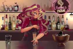 Size: 1087x735 | Tagged: safe, artist:xjenn9, sunset shimmer, fanfic:sunset's isekai, equestria girls, alcohol, apron, bar, barmaid, bartender, clothes, cute, drink, fanfic art, female, ice, lidded eyes, shimmerbetes, smiling, solo, straw, wanderer d