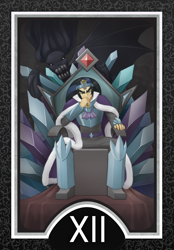 Size: 1200x1728 | Tagged: safe, artist:howxu, derpibooru import, king sombra, pony, unicorn, crystal empire, solo, tarot, tarot card, the hanged man, throne