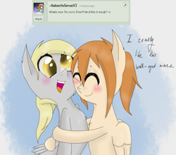 Size: 1029x907 | Tagged: safe, artist:askponybrandenburg, derpy hooves, pegasus, pony, :d, abstract background, ask, blushing, brandenburg, duo, female, hetalia, hug, mare, smiling, talking