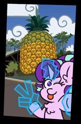 Size: 841x1279 | Tagged: safe, artist:threetwotwo32232, starlight glimmer, pony, unicorn, female, food, hand, magic, magic hands, mare, newbie artist training grounds, phone, photo, pineapple, the big pineapple