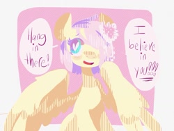 Size: 1024x768 | Tagged: safe, artist:supernoncutie, fluttershy, pegasus, pony, alternate hairstyle, flower, flower in hair, hair over one eye, hang in there, hanging, motivational, positive ponies, sitting, solo, speech bubble, spread wings, wings