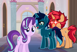 Size: 2532x1701 | Tagged: safe, artist:stellardusk, starlight glimmer, oc, oc:evenstar gleam, oc:stellar dusk, unicorn, distracted boyfriend meme, meme, notice me senpai, starry eyes, wingding eyes