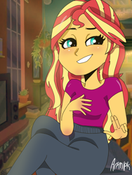 Size: 1800x2400 | Tagged: safe, artist:artmlpk, sunset shimmer, equestria girls, bedroom, blushing, cute, female, grin, peace sign, shimmerbetes, smiley face, smiling, solo