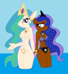 Size: 2544x2752 | Tagged: safe, artist:the1stmoyatia, princess celestia, princess luna, human, belly button, bikini, breasts, cleavage, clothes, dark skin, eared humanization, female, holding hands, humanized, midriff, sisters, swimsuit