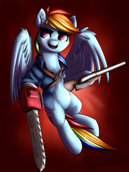 Size: 1800x2400 | Tagged: safe, artist:shido-tara, derpibooru import, rainbow dash, pegasus, pony, ash williams, chainsaw, crossover, evil dead, female, gun, mare, open mouth, red background, simple background, solo, spread wings, weapon, wings