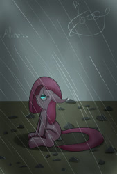 Size: 734x1089 | Tagged: safe, pinkie pie, earth pony, pony, dark, pinkamena diane pie, rain, sad, solo