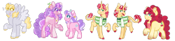 Size: 3954x932 | Tagged: safe, artist:bubaiuv, cherry jubilee, derpy hooves, diamond tiara, flam, flim, screwball, earth pony, pegasus, pony, unicorn, clothes, flim flam brothers, hat, leonine tail, redesign, shirt, simple background, transparent background