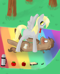 Size: 1200x1467 | Tagged: safe, artist:tomat-in-cup, derpy hooves, doctor whooves, earth pony, pegasus, pony, apple, blushing, doctor who, female, food, male, mare, mouth hold, outdoors, picnic blanket, sonic screwdriver, stallion