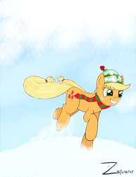 Size: 2975x3850 | Tagged: safe, artist:zaponator, applejack, earth pony, pony, clothes, high res, scarf, snow, solo, winter