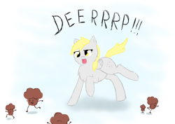 Size: 4092x2893 | Tagged: safe, artist:tomat-in-cup, derpy hooves, pegasus, pony, chest fluff, female, food, mare, muffin, open mouth, raised hoof, running, scared, talking