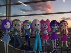 Size: 3000x2250 | Tagged: safe, artist:dashiedashdraw, applejack, fluttershy, pinkie pie, rainbow dash, rarity, sci-twi, sunset shimmer, twilight sparkle, equestria girls, airport, cute, group, humane five, humane seven, humane six, light, summer, vacation