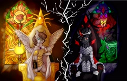 Size: 2560x1651 | Tagged: safe, derpibooru import, king sombra, oc, oc:light knight, pony, unicorn, throne, throne room